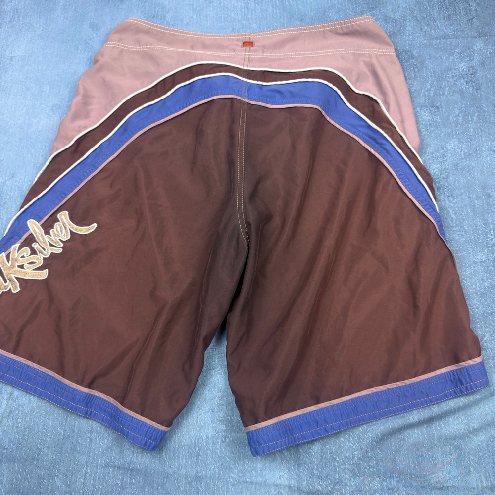 Quiksilver Mens Board Shorts Brown Blue Embroidered Logo Size 34 Retro Surf